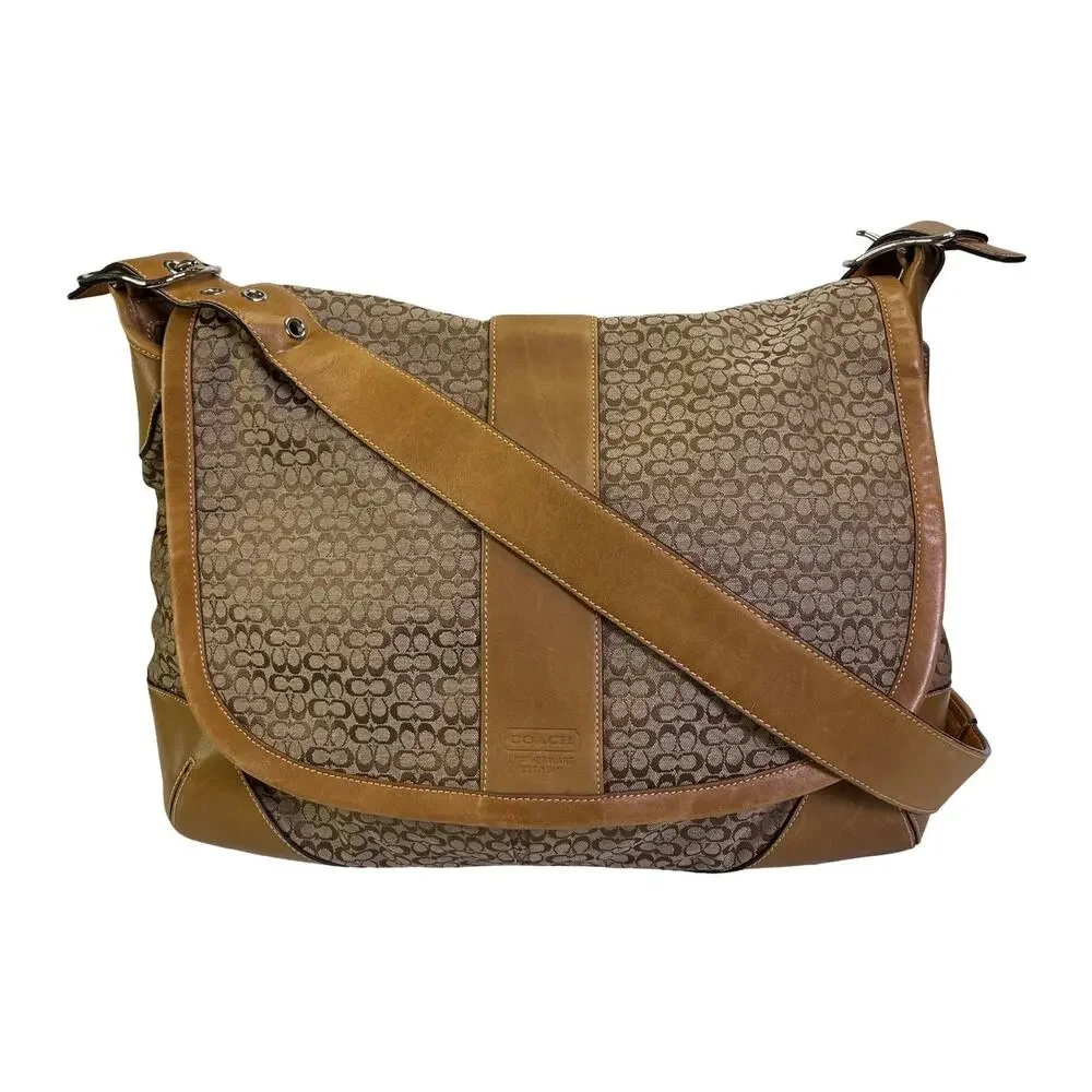 Coach Signature Canvas Leather Messenger Crossbody Bag Flap Laptop Brown Tan